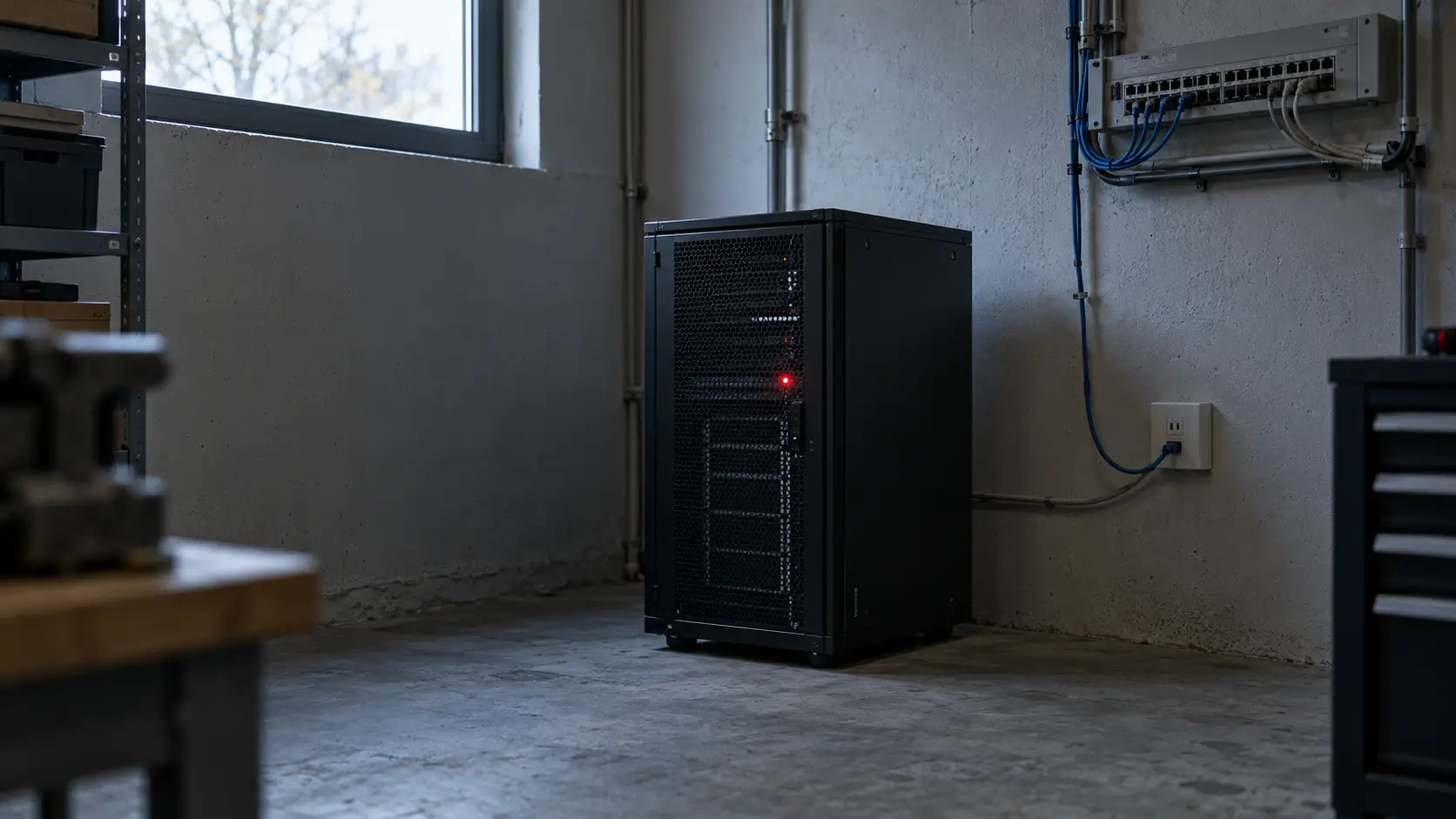 Ein einzelner Serverschrank im Nebenraum eines Betriebs, angeschlossen an ein Patchfeld an der Wand, mit einer roten Statusleuchte.