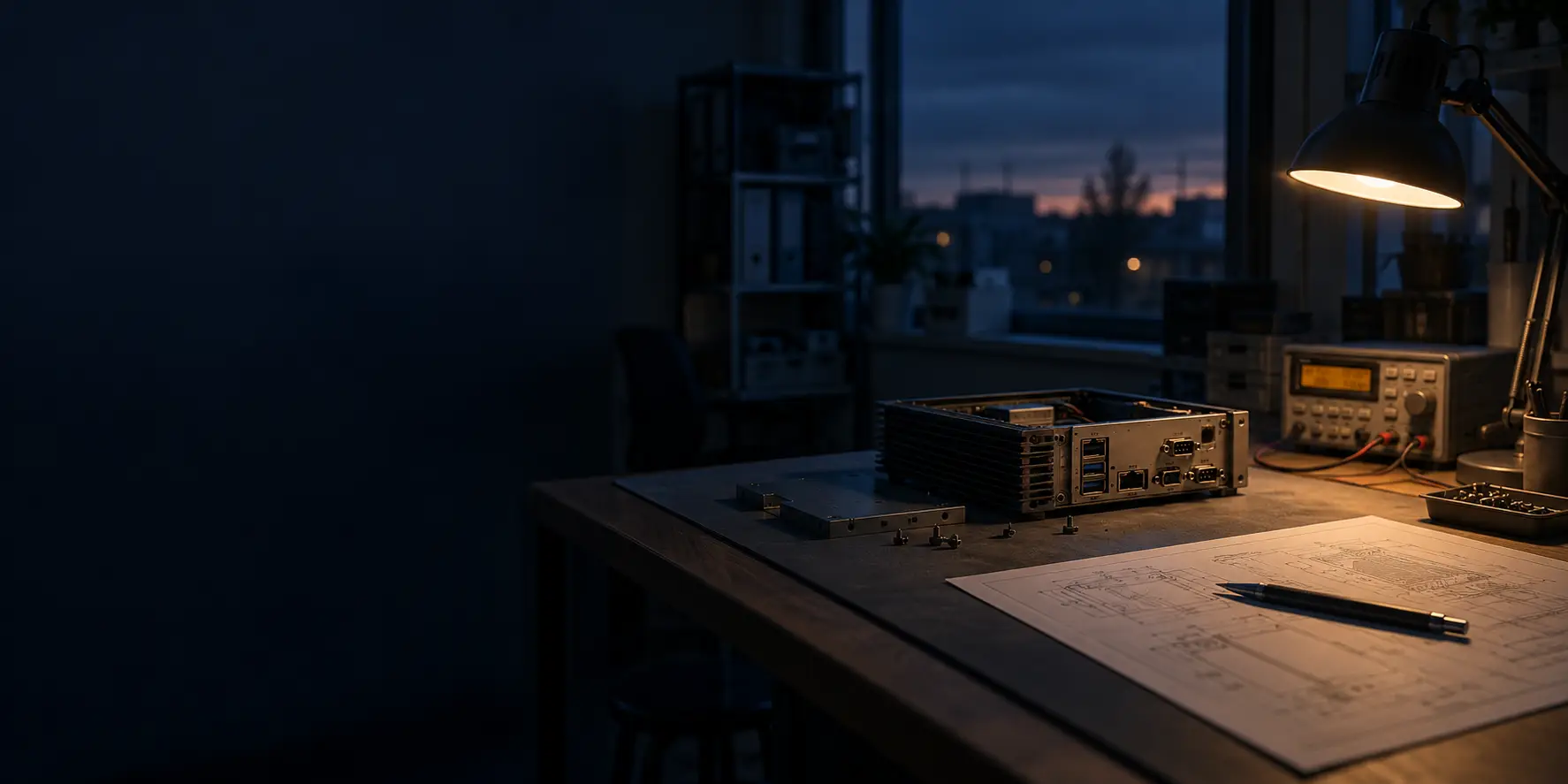 Arbeitsplatz in einer Werkstatt am Abend: ein geöffneter Industrierechner, ein Messgerät und eine technische Zeichnung im Licht einer Schreibtischlampe.
